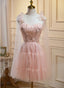Pink Tulle Lace and Flowers Short Homecoming Dress, Cute Pink Prom Dresses