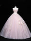 Pink Tulle Lace Applique Long Prom Dress, Pink Sweet 16 Dresses