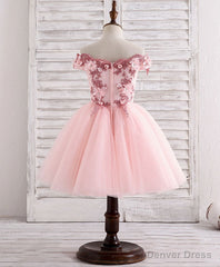 Pink Tulle Lace Applique Short Flower Girl Dresses