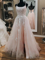 Pink Tulle Lace Appliques A Line Open Back Long Prom Dress, Pink Party Dress