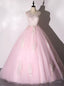 Pink Tulle Lace Appliques V Neck Backless Quinceanera Dresses