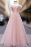 Pink Tulle Lace Beads Long Prom Dresses, Pink A Line Evening Dresses