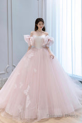 Pink Tulle Lace Long A-Line Princess Dress, Cute Puff Sleeve Sweet 16 Dress