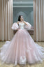 Pink Tulle Lace Long A-Line Princess Dress, Cute Puff Sleeve Sweet 16 Dress
