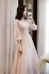 Pink Tulle Lace Long A-Line Prom Dresses, Long Sleeve Evening Dresses