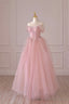 Pink Tulle Lace Long Prom Dress, A Line Off Shoulder Pink Prom Dresses