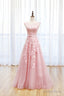 Pink Tulle Lace Long Prom Dress, Lovely A Line Open Back Prom Dresses