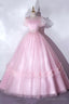 Pink Tulle Lace Long Prom Dress, Lovely A Line Short Sleeve Prom Dresses