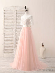 Pink Tulle Lace Long Prom Dress Pink Bridesmaid Dress