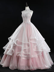 Pink Tulle Lace Long Prom Dress, Pink Sweet 16 Dress