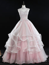 Pink Tulle Lace Long Prom Dress, Pink Sweet 16 Dress