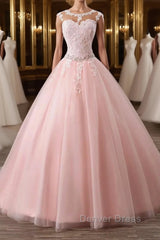 Pink tulle lace long prom Dresses, pink tulle evening Dresses