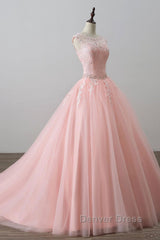 Pink tulle lace long prom Dresses, pink tulle evening Dresses