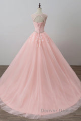 Pink tulle lace long prom Dresses, pink tulle evening Dresses