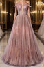 Pink tulle lace long prom Dress pink tulle Prom Dresses