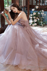 Pink Tulle Lace Long Prom Dresses, A-Line Evening Dresses