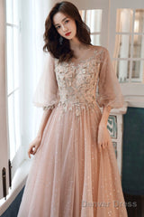 Pink Tulle Lace Long Prom Dresses, A-Line Long Sleeve Evening Dresses
