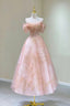 Pink Tulle Lace Short A Line Prom Dress, Cute Off the Shoulder Prom Dresses