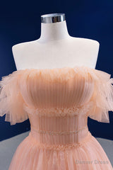 Pink Tulle Lace Strapless Prom Dress, Pink A-Line Evening Party Dress