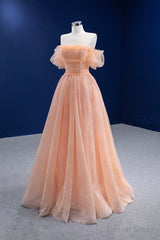 Pink Tulle Lace Strapless Prom Dress, Pink A-Line Evening Party Dress