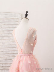 Pink Tulle Lace Tea Length Prom Dress, Pink Homecoming Dress
