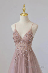 Pink Tulle Long A-Line Prom Dresses, Pink Spaghetti Formal Dresses With Beaded