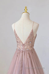 Pink Tulle Long A-Line Prom Dresses, Pink Spaghetti Formal Dresses With Beaded