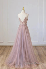 Pink Tulle Long A-Line Prom Dresses, Pink Spaghetti Formal Dresses With Beaded