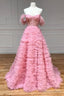 Pink Tulle Long A Line Prom Dresses, Pink Sweetheart Neckline Prom Gowns
