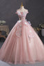 Pink Tulle Long A Line Prom Dress with Lace, Off Shoulder Sweet 16 Dresses