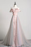 Pink Tulle Long A-Line Prom Dress with Train, Off the Shoulder Formal Evening Dress