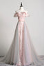 Pink Tulle Long A Line Prom Dress with Train, Off the Shoulder Prom Dresses