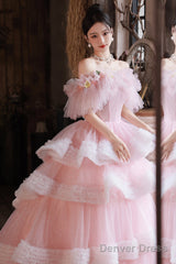 Pink Tulle Long A-Line Prom Gown, Off The Shoulder Sweet 16 Dress