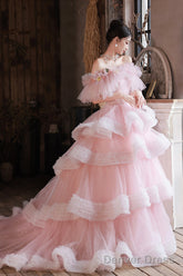 Pink Tulle Long A-Line Prom Gown, Off The Shoulder Sweet 16 Dress