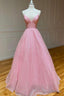 Pink Tulle Long Backless Prom Dress, A Line V Neck Prom Dresses
