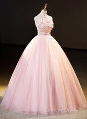 Pink Tulle Long Formal Dresses With Floral Lace, Pink Halter Tulle Sweet 16 Dresses