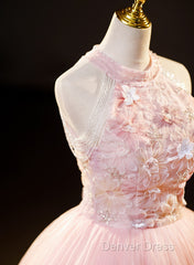 Pink Tulle Long Formal Dresses With Floral Lace, Pink Halter Tulle Sweet 16 Dresses