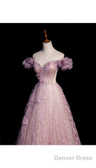 Pink Tulle Long Off Shoulder Party Dress With Flowers, Pink Evening Dress Prom Dress