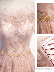 Pink Tulle Long Prom Dress, A line Pink Formal Graduation Dresses