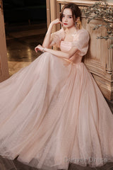 Pink Tulle Long Prom Dresses, A-Line Evening Dresses