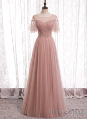 Pink Tulle Long Prom Dresses, A-Line Evening Party Dresses