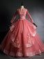 Pink Tulle Long Sleeve Appliques Quinceanera Dresses