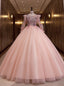 Pink Tulle Long Sleeve Sequins Appliques Quinceanera Dresses