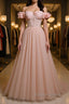 Pink tulle off shoulder long prom Dress, pink tulle Prom Dresses