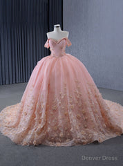 Pink Tulle Off the Shoulder 3D Flower Prom Dress