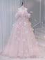 Pink Tulle Off the Shoulder Flower Prom Dresses