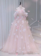 Pink Tulle Off the Shoulder Flower Prom Dress