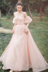 Pink Tulle Off The Shoulder Prom Dress, Cute A-Line Graduation Dress