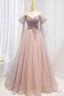 Pink Tulle Off the Shoulder Prom Dress with Beaded, A Line Prom Dresses
