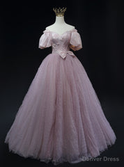 Pink Tulle Off the Shoulder Prom Dress